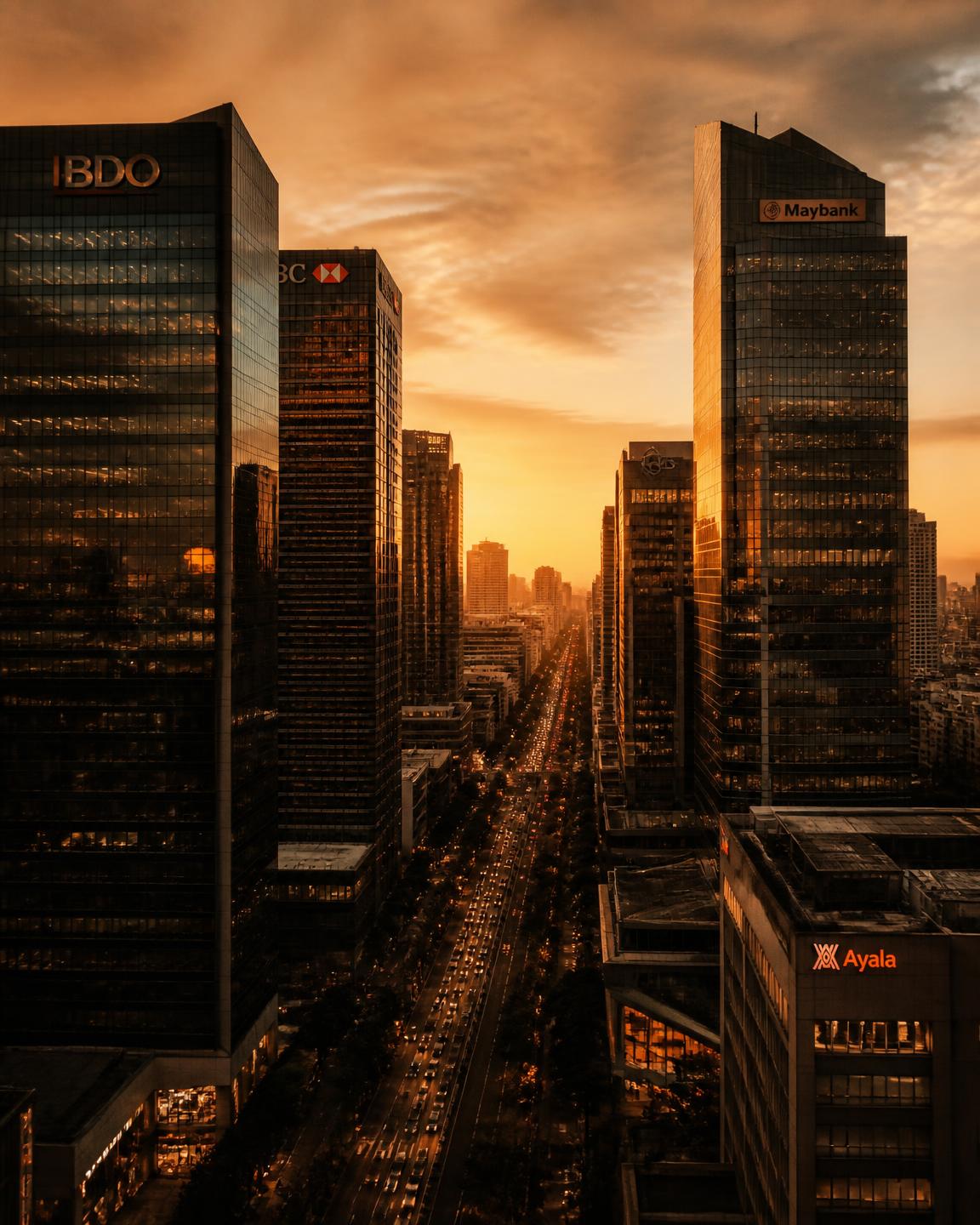 Ayala Avenue vantage in Makati at golden hour, lined with bank and financial institution towers